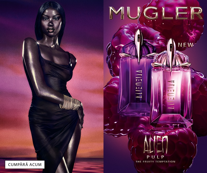 Parfum Mugler Alien Pulp, două sticluțe violet cu design futurist, prezentate pe fundal fructat în nuanțe intense
